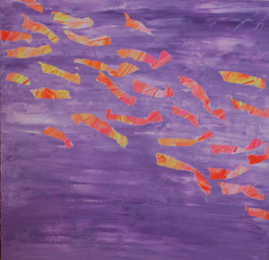 Banc de poissons. Artiste peintre contemporain delphine dessein. Peinture fluo